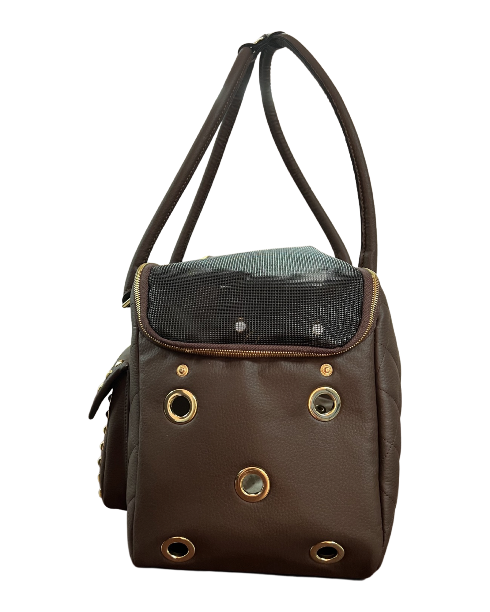Designer Dog Travel Carrier - Chocolate with Gold Studs