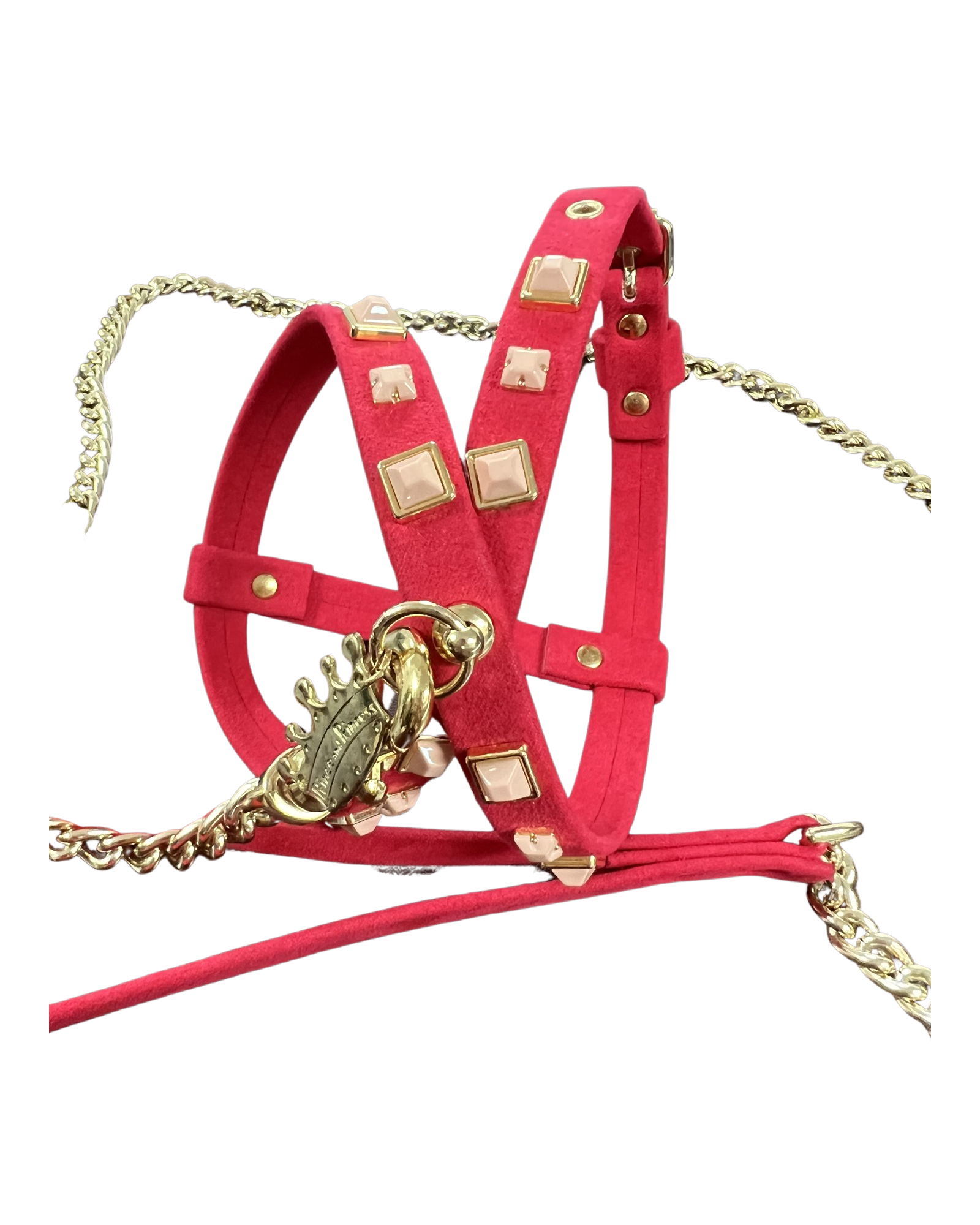 Fashion Dog Harness and Chain Leash Set - Red with Studs
