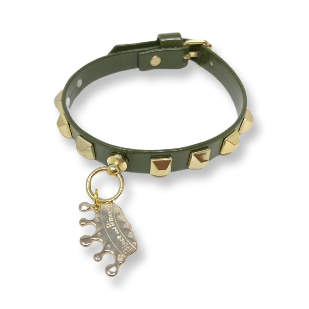 Fashion Collar and Plain Leash Set - Olive Green with Gold Studs