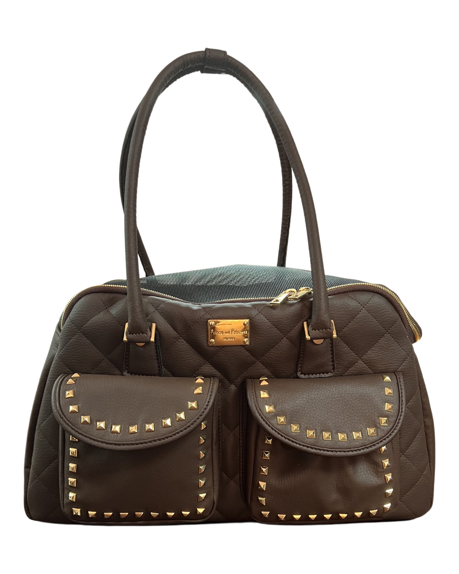 Designer Dog Travel Carrier - Chocolate with Gold Studs