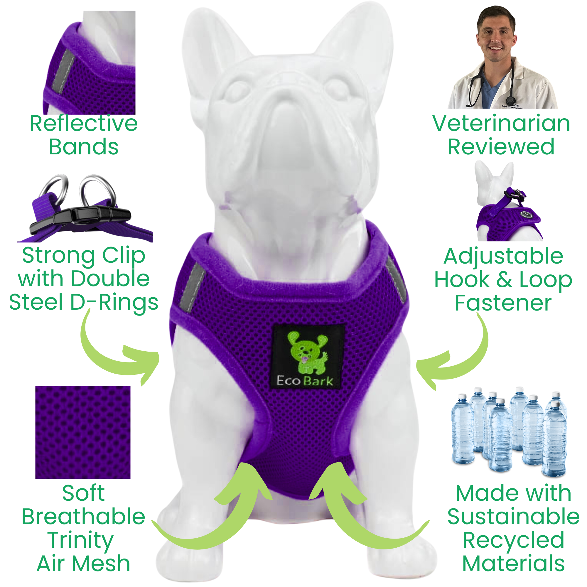 EcoBark Step In Dog Harness - Teacup & Small Breeds- Reflective Soft Mesh Harness for Teacup, Small Dogs and Puppies / Purple