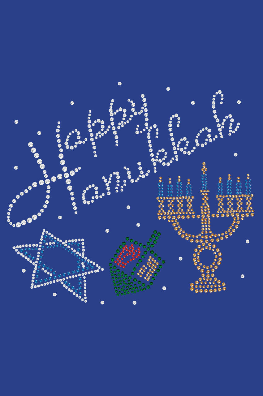 Happy Hanukkah - Dreidel, Menorah and Star of David - Womens Tee