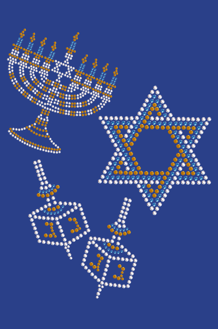 Menorah, Dreidel & Star of David (Blue, Silver, & Gold) - Womens T-shirt