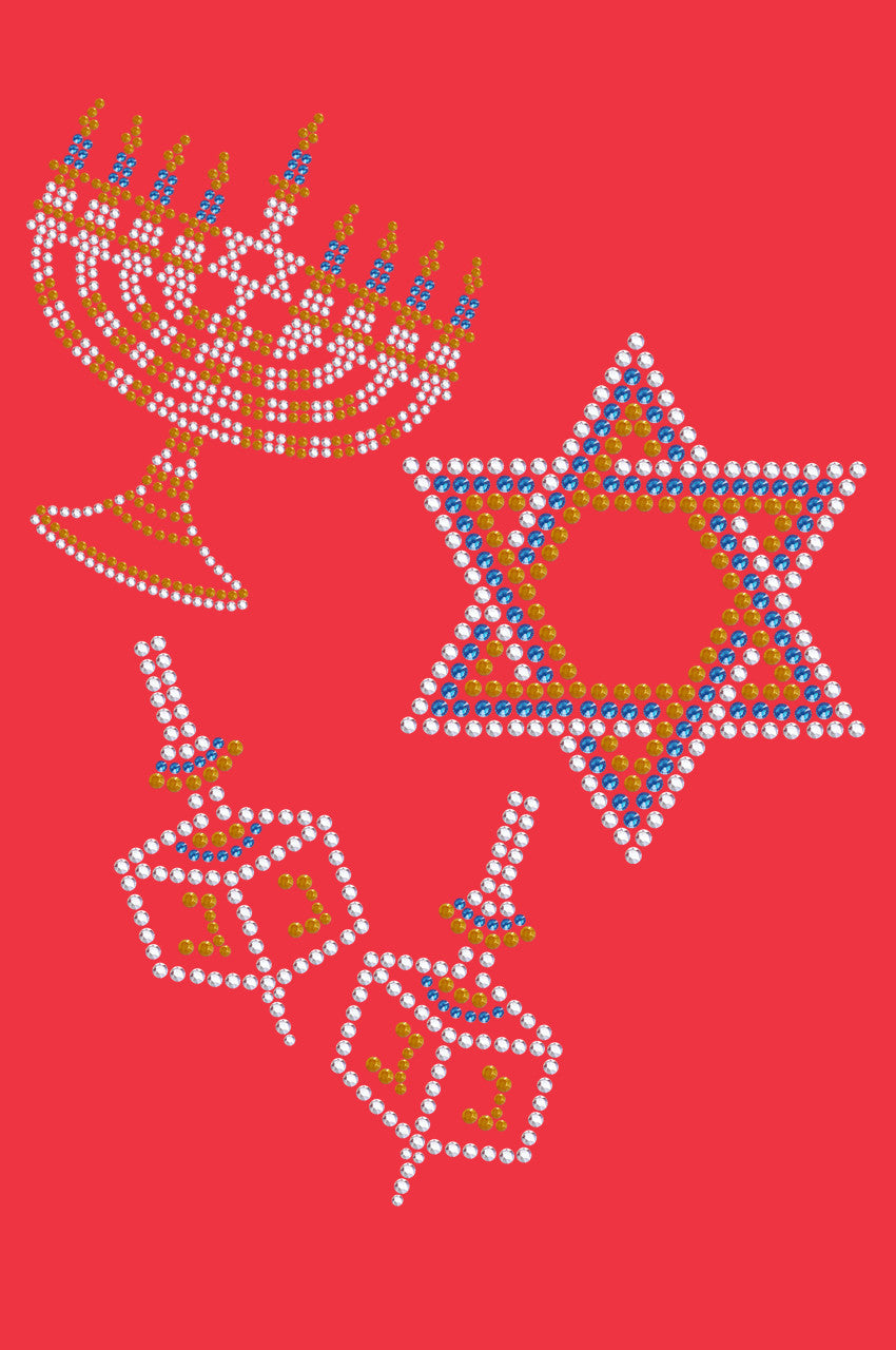 Menorah, Dreidel & Star of David (Blue, Silver, & Gold) - Womens T-shirt