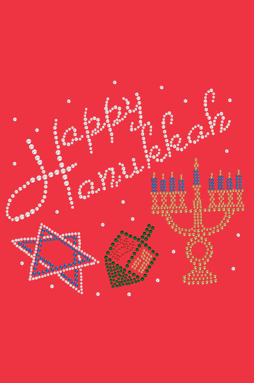 Happy Hanukkah - Dreidel, Menorah and Star of David - Womens Tee