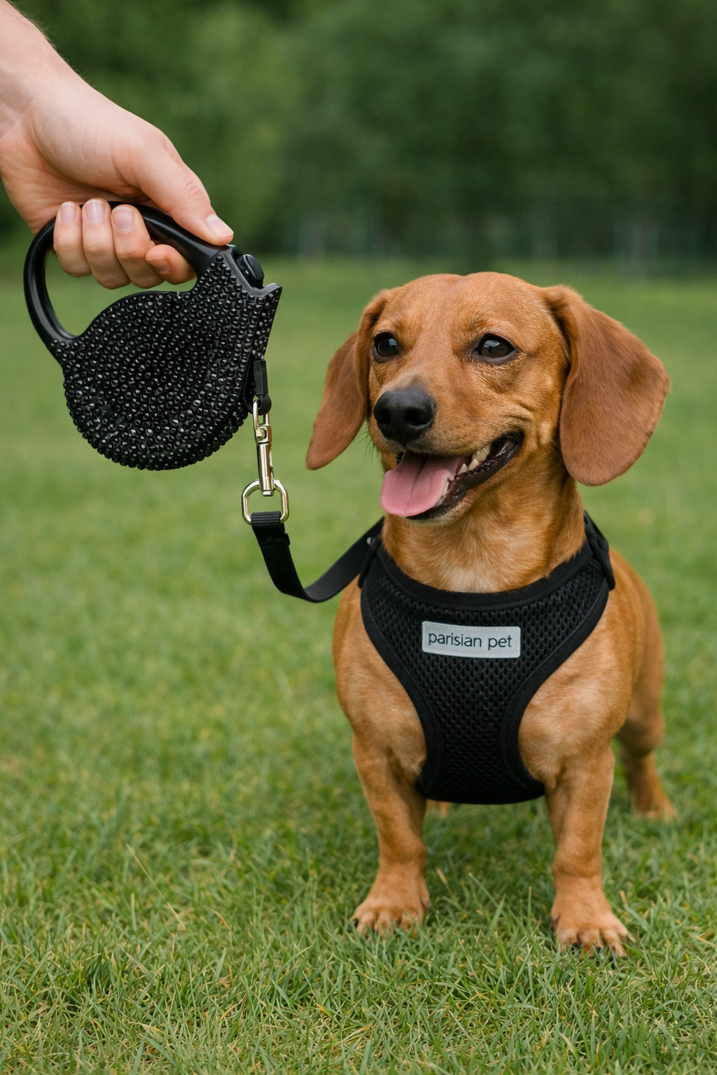 Parisian Pet Crystal Retractable Leash Black