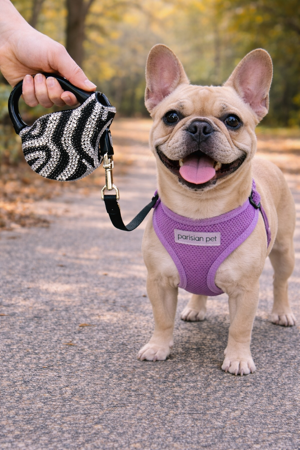 Parisian Pet Crystal Retractable Leash Zebra Silver