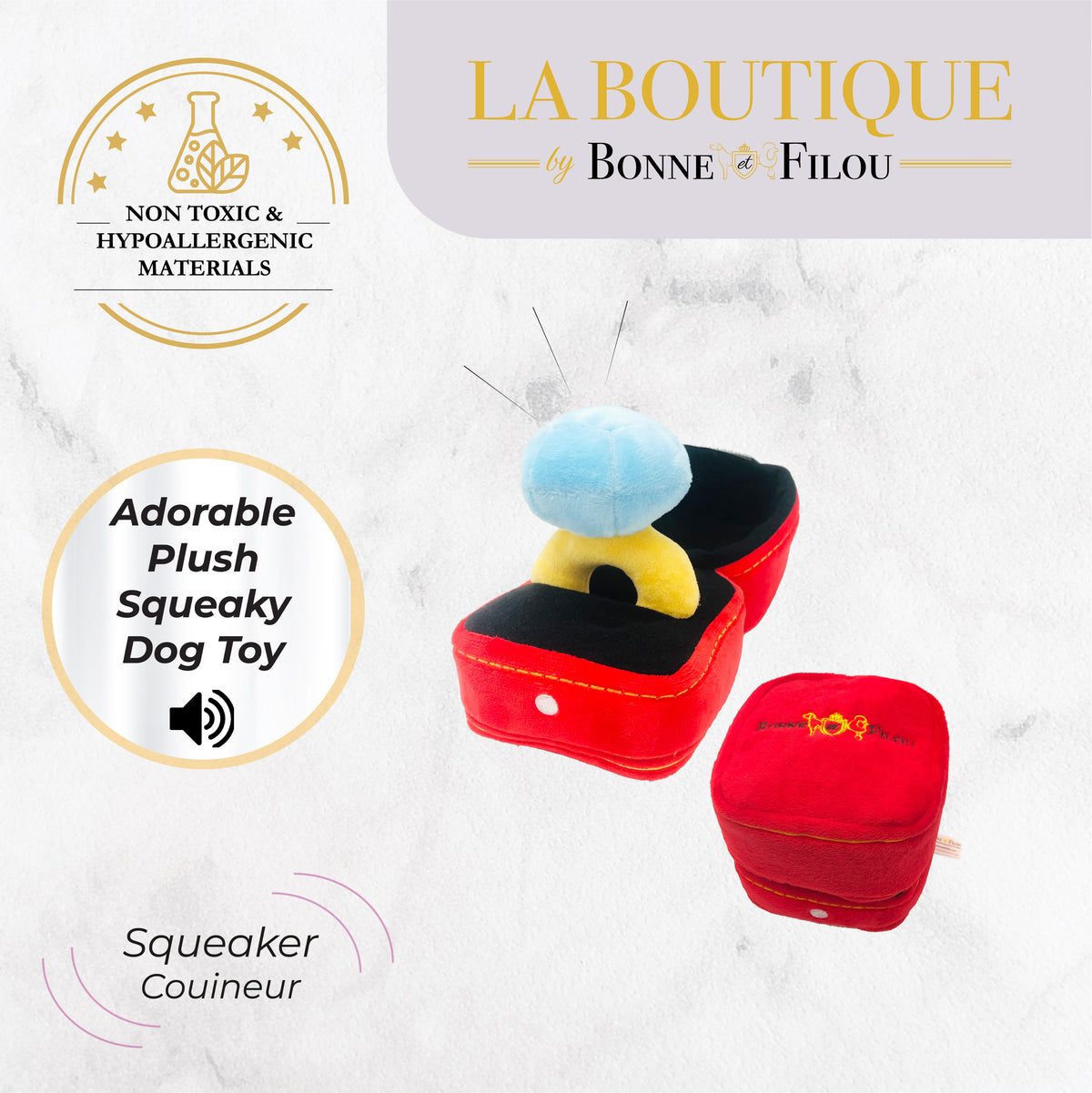 Bonne et Filou – Engagement Ring Plush Squeaky Dog Toy Set