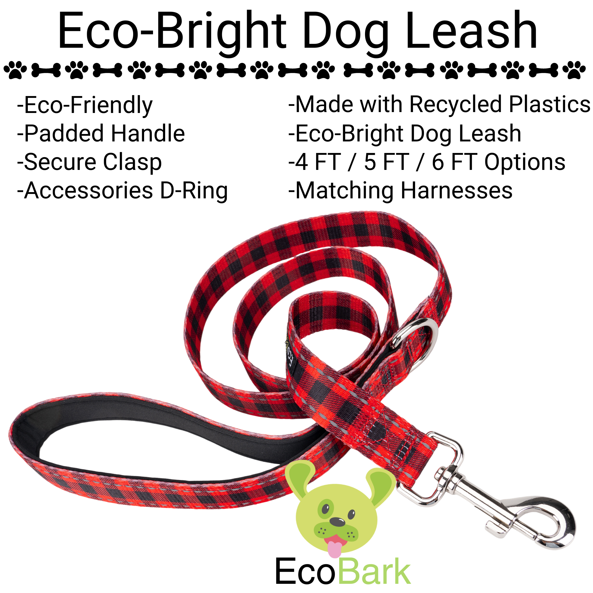 Red Plaid Dog Leash by EcoBark - Buffalo Check Padded Comfort Grip Leash for Dogs - 4ft, 5ft, and 6ft Leash for Small and Medium Dogs