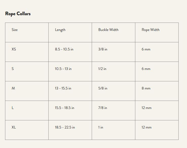 BLACK AND WHITE UP-CYCLED ROPE DOG & CAT COLLAR Size Chart