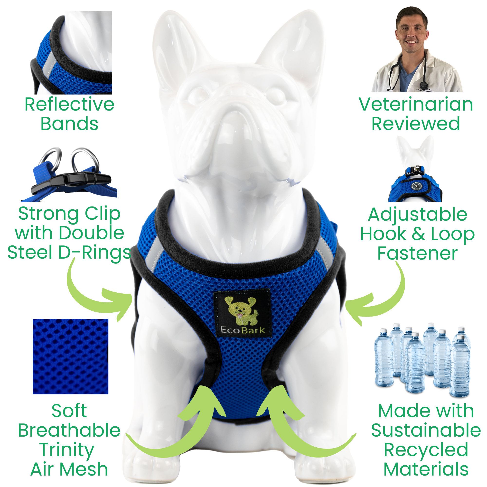 EcoBark Step In Dog Harness - Teacup & Small Breeds- Reflective Soft Mesh Harness for Teacup, Small Dogs and Puppies / Royal Blue