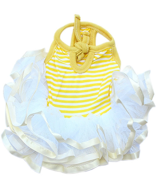 Parisian Pet Ballerina Dress for Dogs and Cats, Comfortable Sleeveless, Yellow with White Stripes