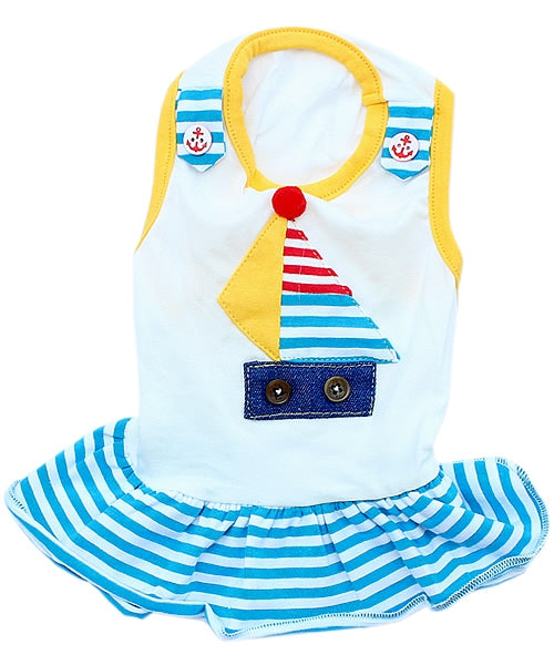 Parisian Pet Boat Dress for Dogs and Cats, Designer Dog Dress, Tropical Apparel, Yellow Blue Red White