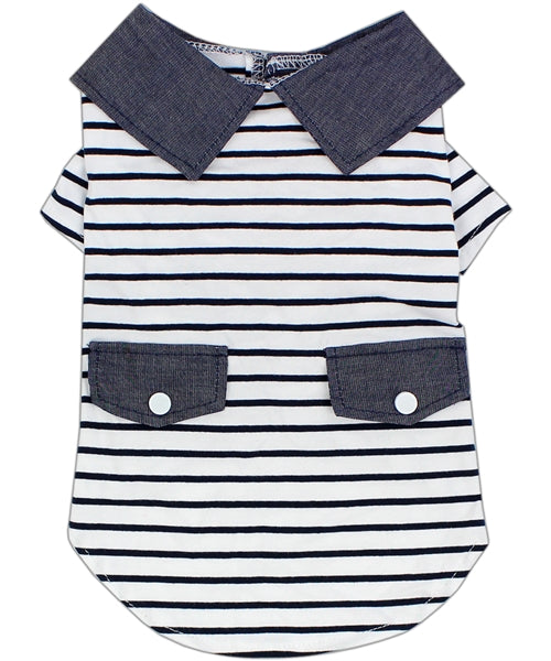 Parisian Pet Preppy Boy Polo Dog T-Shirt-Blue White Stripes