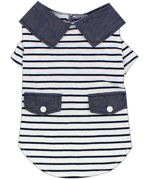 Parisian Pet Preppy Boy Polo Dog & Cat T-Shirt – Trendy Cotton Polo Shirt, Comfortable & Lightweight, Blue White Stripes-Valentines Day