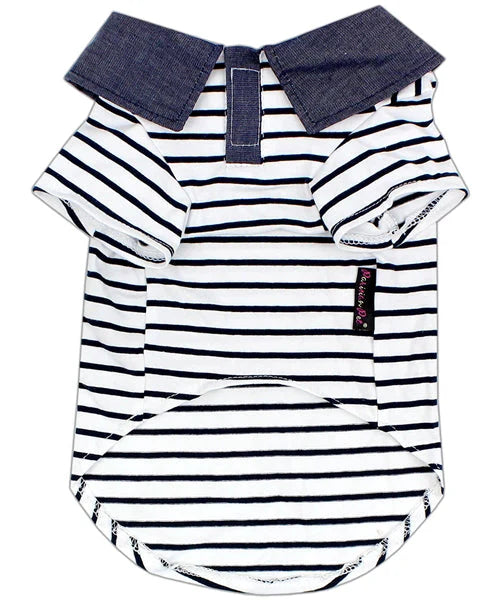 Parisian Pet Preppy Boy Polo Dog & Cat T-Shirt  Trendy Cotton Polo Shirt, Comfortable & Lightweight, Blue White Stripes-Valentines Day
