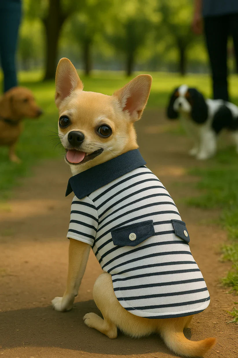 Parisian Pet Preppy Boy Polo Dog & Cat T-Shirt  Trendy Cotton Polo Shirt, Comfortable & Lightweight, Blue White Stripes-Valentines Day