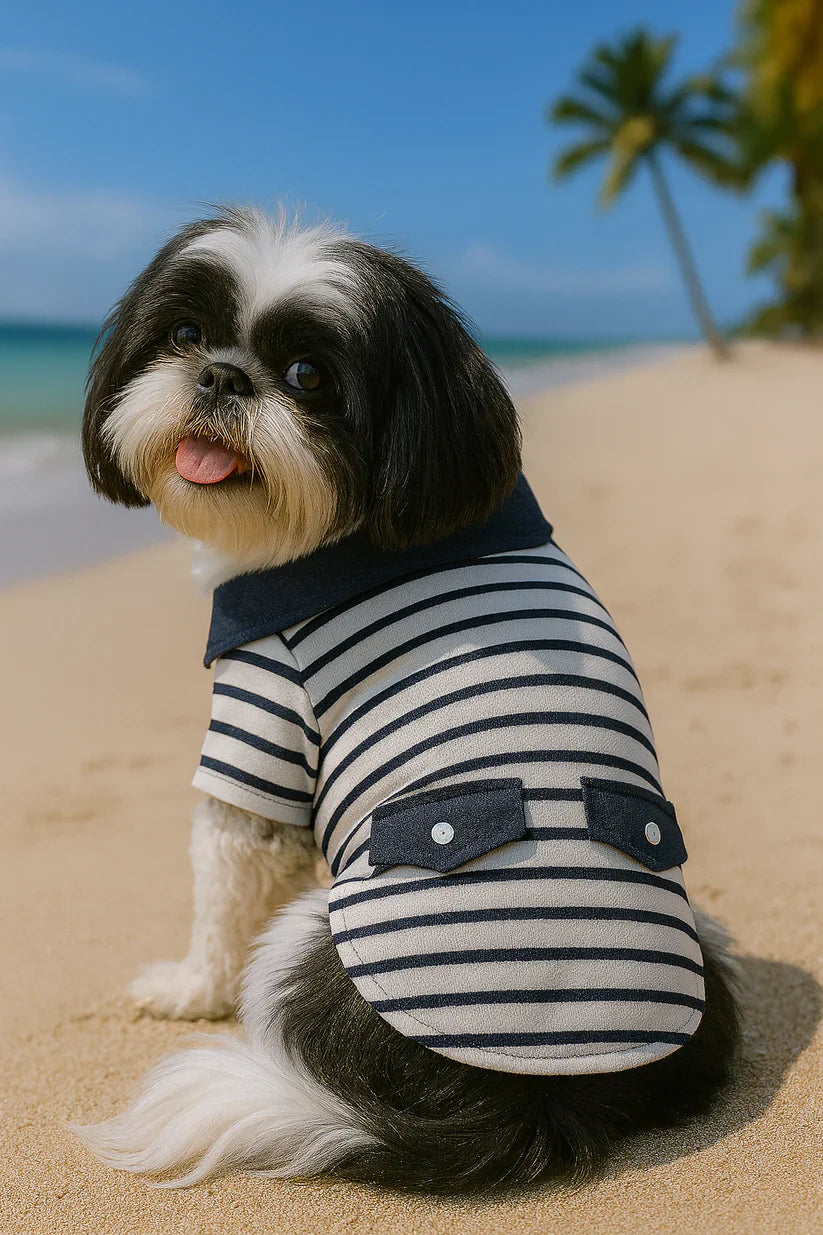 Parisian Pet Preppy Boy Polo Dog & Cat T-Shirt  Trendy Cotton Polo Shirt, Comfortable & Lightweight, Blue White Stripes-Valentines Day