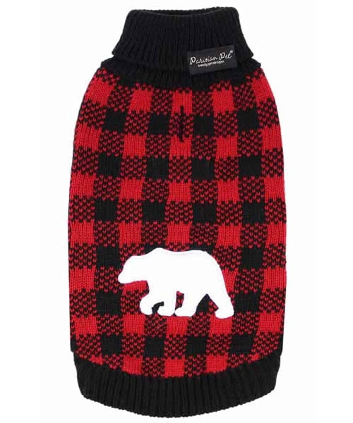 Parisian Pet Buffalo Checkered Sweater - Polar Bear for Dogs and Cats - Cozy Winter Wear with Adorable Polar Bear Design Red and Black