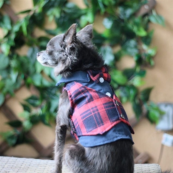Parisian Pet Scottish Pleated Tuxedo Red/Blue Plaid for Dogs & Cats, Stylish Pet Party Tuxedo, Christmas Pet Tuxedo