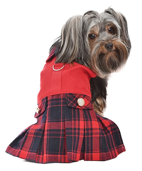 Parisian Pet Scottish Pleated Dress for Dogs and Cats, Holiday Apparel, Red and Blue