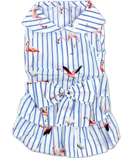 Parisian Pet Flamingo Print Dog Dress for Dogs and Cats, Sleeveless, Comfortable Summer Outfit, Blue and White Stripes
