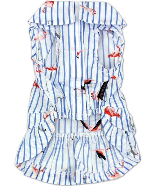 Parisian Pet Flamingo Print Dog Dress for Dogs and Cats, Sleeveless, Comfortable Summer Outfit, Blue and White Stripes