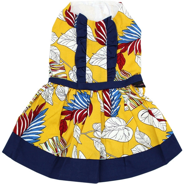 Parisian Pet Designer Dog Dress for Dogs and Cats, Leaf Pattern, Lightweight Summer Outfit, Multicolor, Yellow, White, Blue, Red
