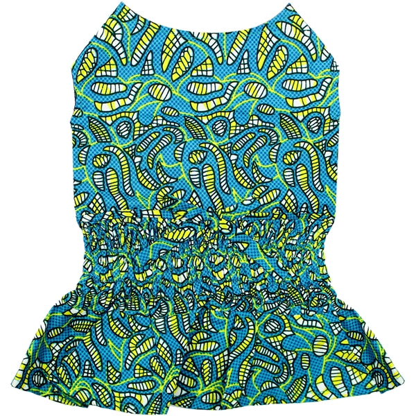Parisian Pet Tribal Dress for Dogs and Cats, Ruched Waist, Stylish and Comfortable, Tribal Print - Green, Blue, Yellow
