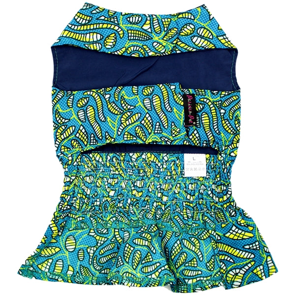 Parisian Pet Tribal Dress for Dogs and Cats, Ruched Waist, Stylish and Comfortable, Tribal Print - Green, Blue, Yellow