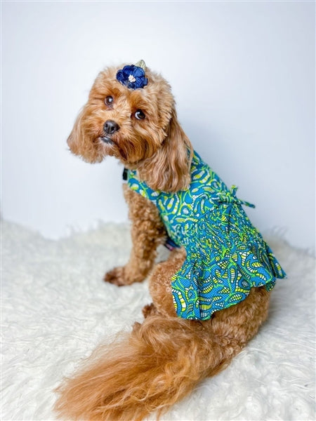 Parisian Pet Tribal Dress for Dogs and Cats, Ruched Waist, Stylish and Comfortable, Tribal Print - Green, Blue, Yellow