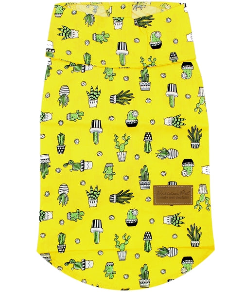 Parisian Pet Cactus Camp Dog & Cat Shirt – Trendy Embroidered Tropical Pet Apparel, Lightweight & Comfortable – Yellow
