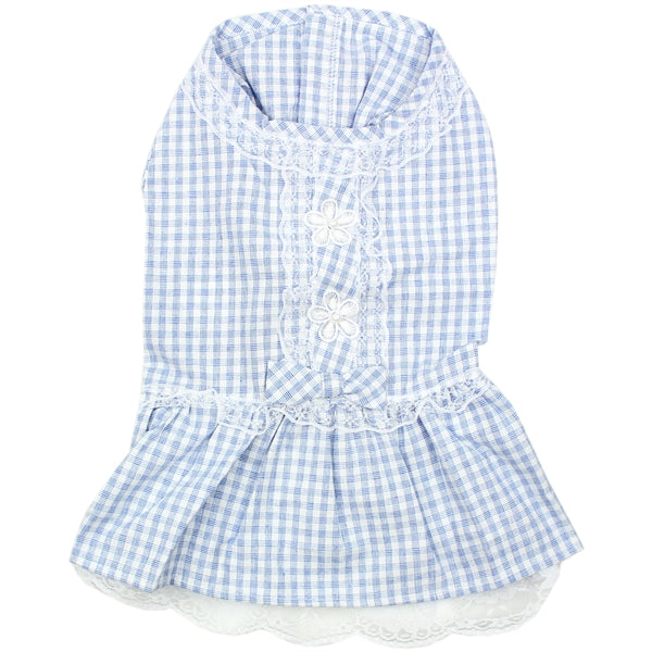 Parisian Pet Gingham Countryside Lace Dress Dog & Cat Shirt – Stylish Blue Plaid Dress – Blue