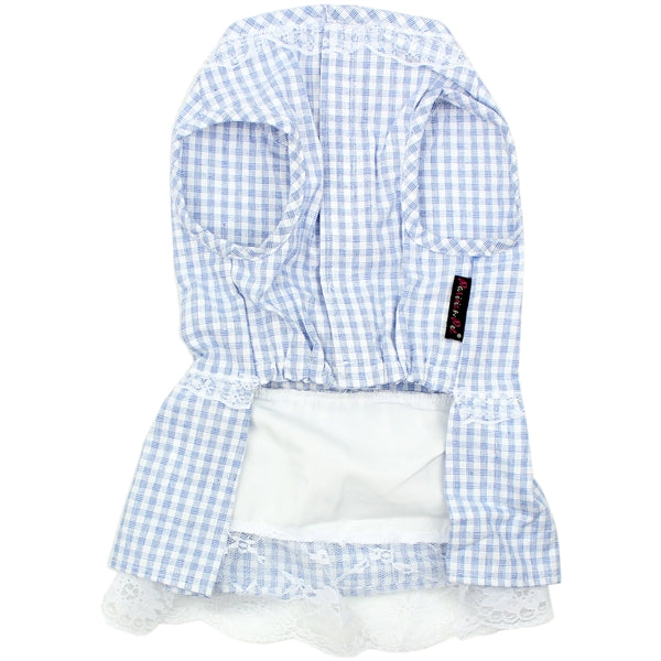 Parisian Pet Gingham Countryside Lace Dress Dog & Cat Shirt  Stylish Blue Plaid Dress  Blue
