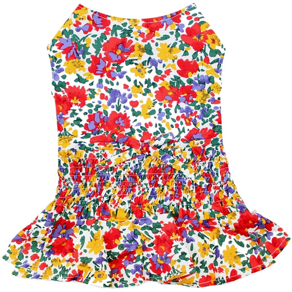 Parisian Pet Floral Artsy Dress Dog & Cat Shirt – Stylish and Comfortable Designer Dog Clothing - Red, Yellow, Blue, White-Valentines Day