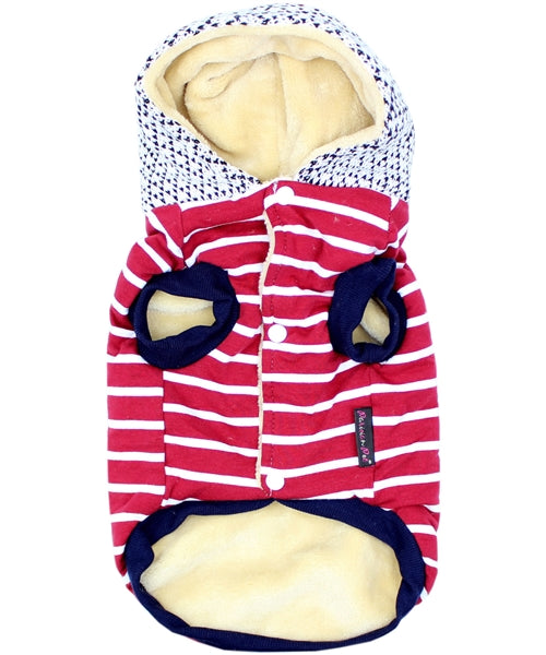 Parisian Pet Striped Pom Pom Hoodie, Red  Soft & Fashionable Pet Hoodie with Playful Pom Pom Design