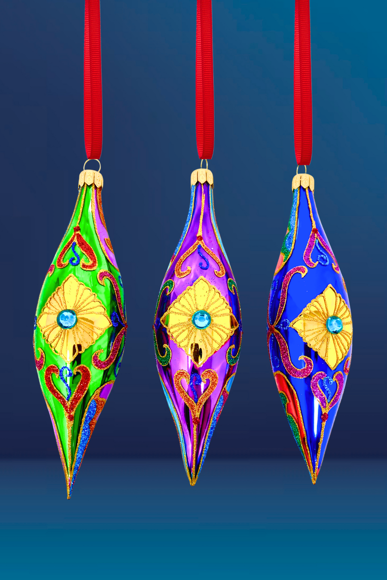 Sparkling Gem Batons Glass Christmas Ornaments - Set of 3 (Jewel)