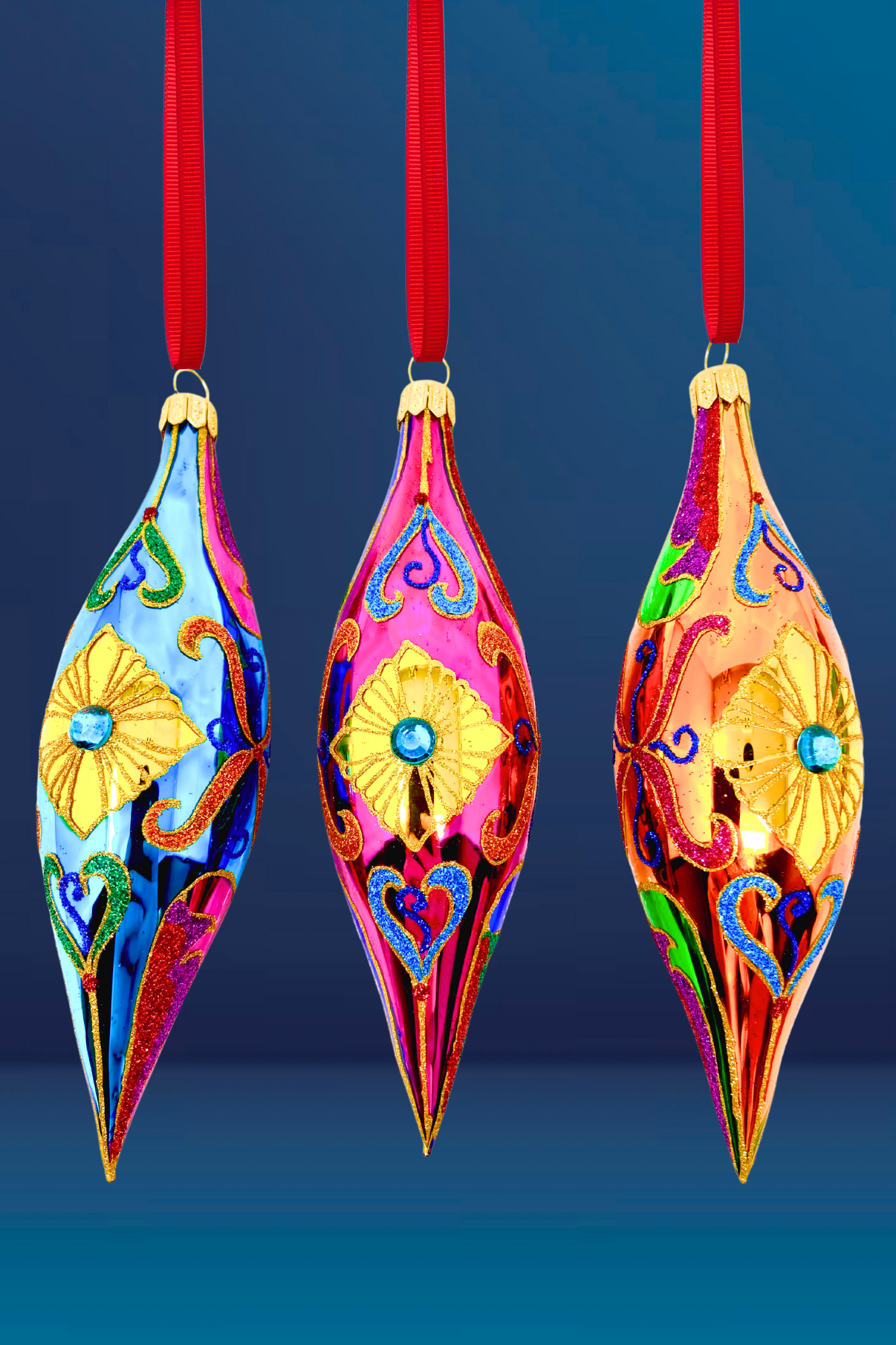 Sparkling Gem Batons Glass Christmas Ornaments - Set of 3 (Regal)