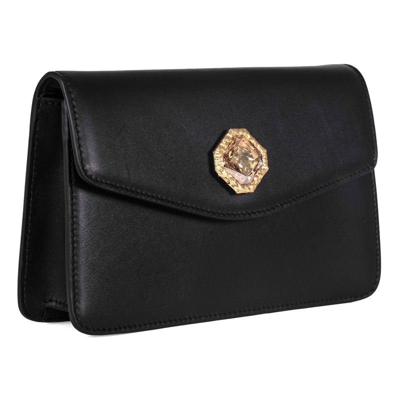 Allysa Payne Black Leather Clutch With Custom Swarovski Stone