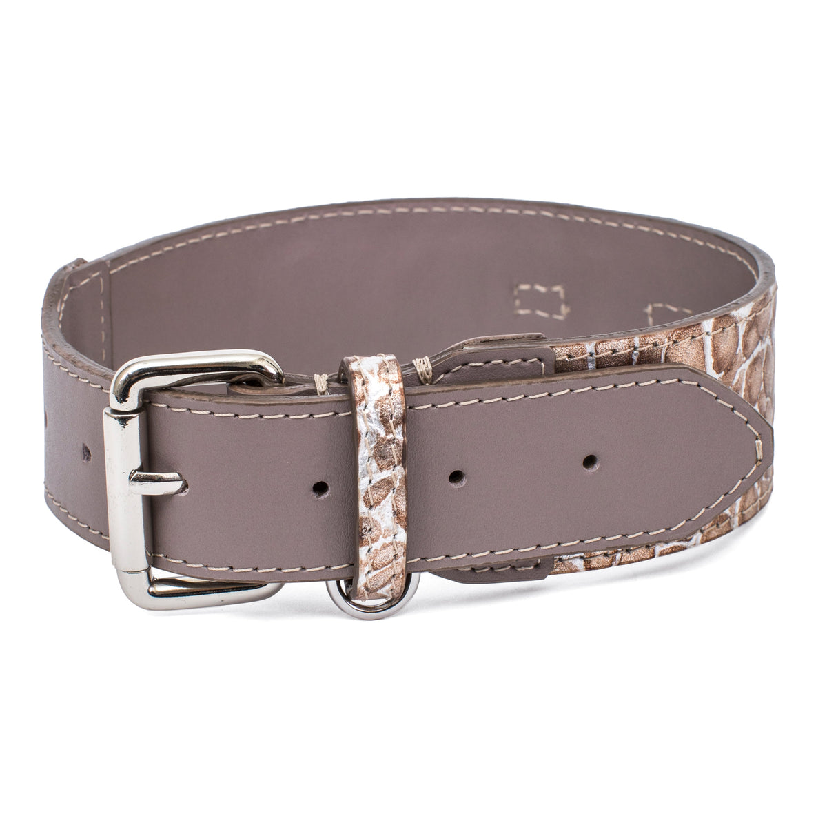 Allysa Payne Luxury Pet Fashion Silver and Gold Embossed Croc Italian Leather Dog Collar with Silver Buckle