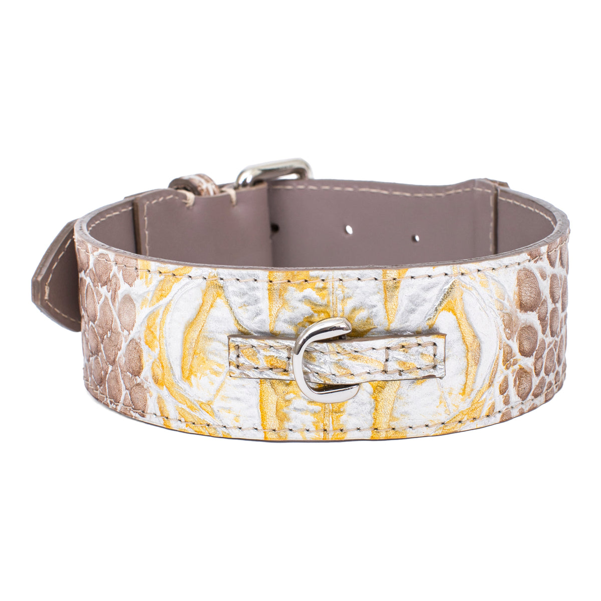 Allysa Payne Luxury Pet Fashion Silver and Gold Embossed Croc Italian Leather Dog Collar with Silver Buckle