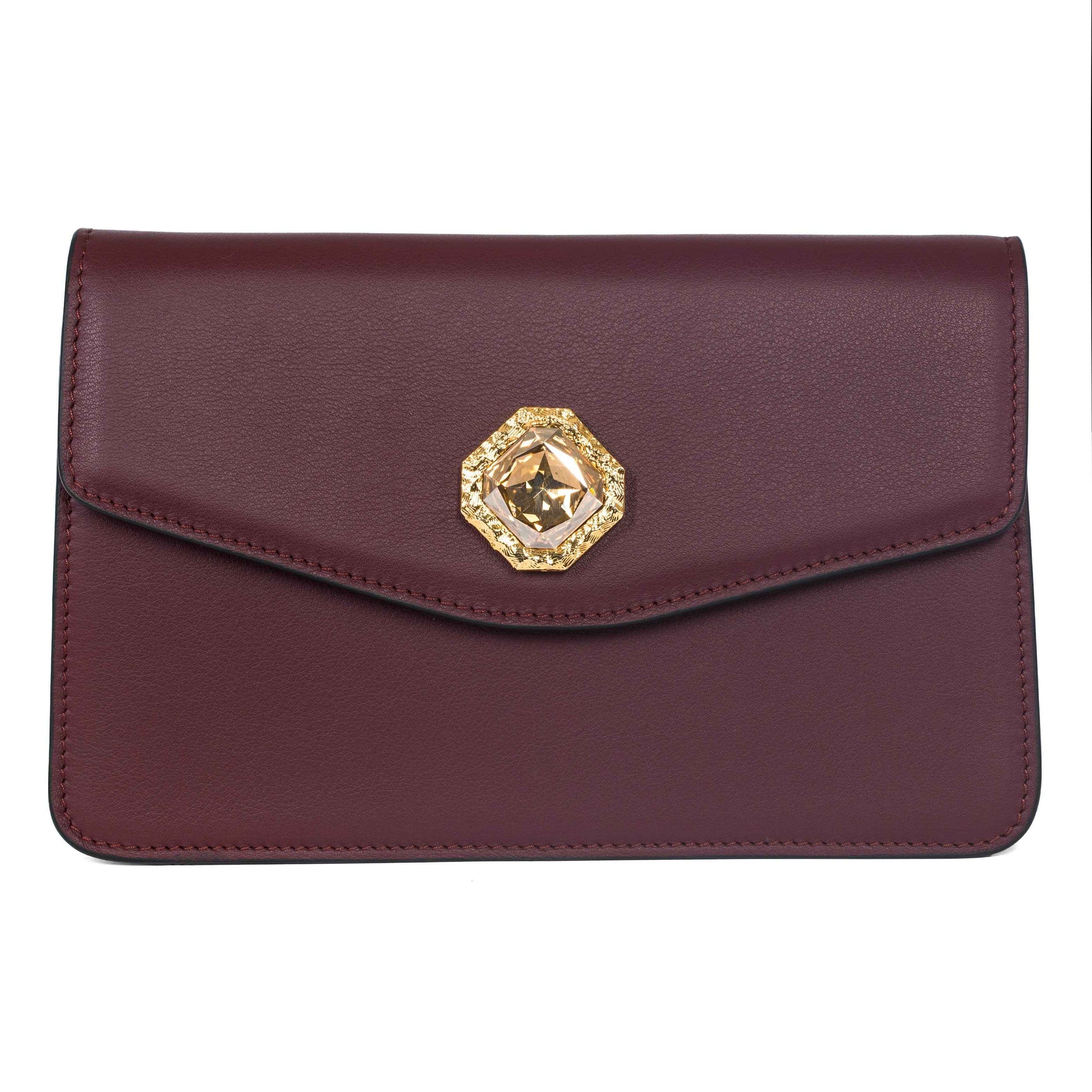 Allysa Payne Bordeaux Leather Clutch With Custom Swarovski Stone