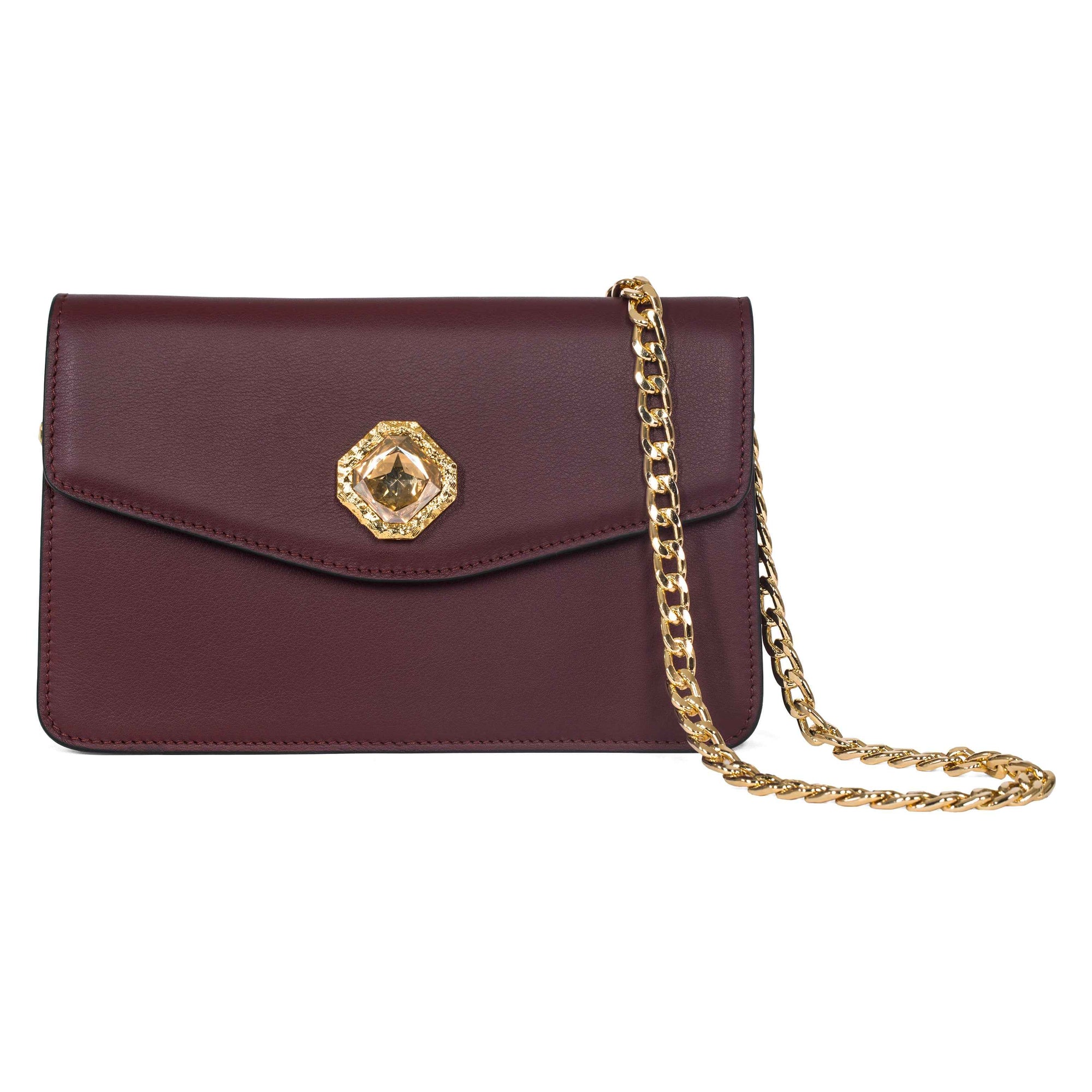 Allysa Payne Bordeaux Leather Clutch With Custom Swarovski Stone