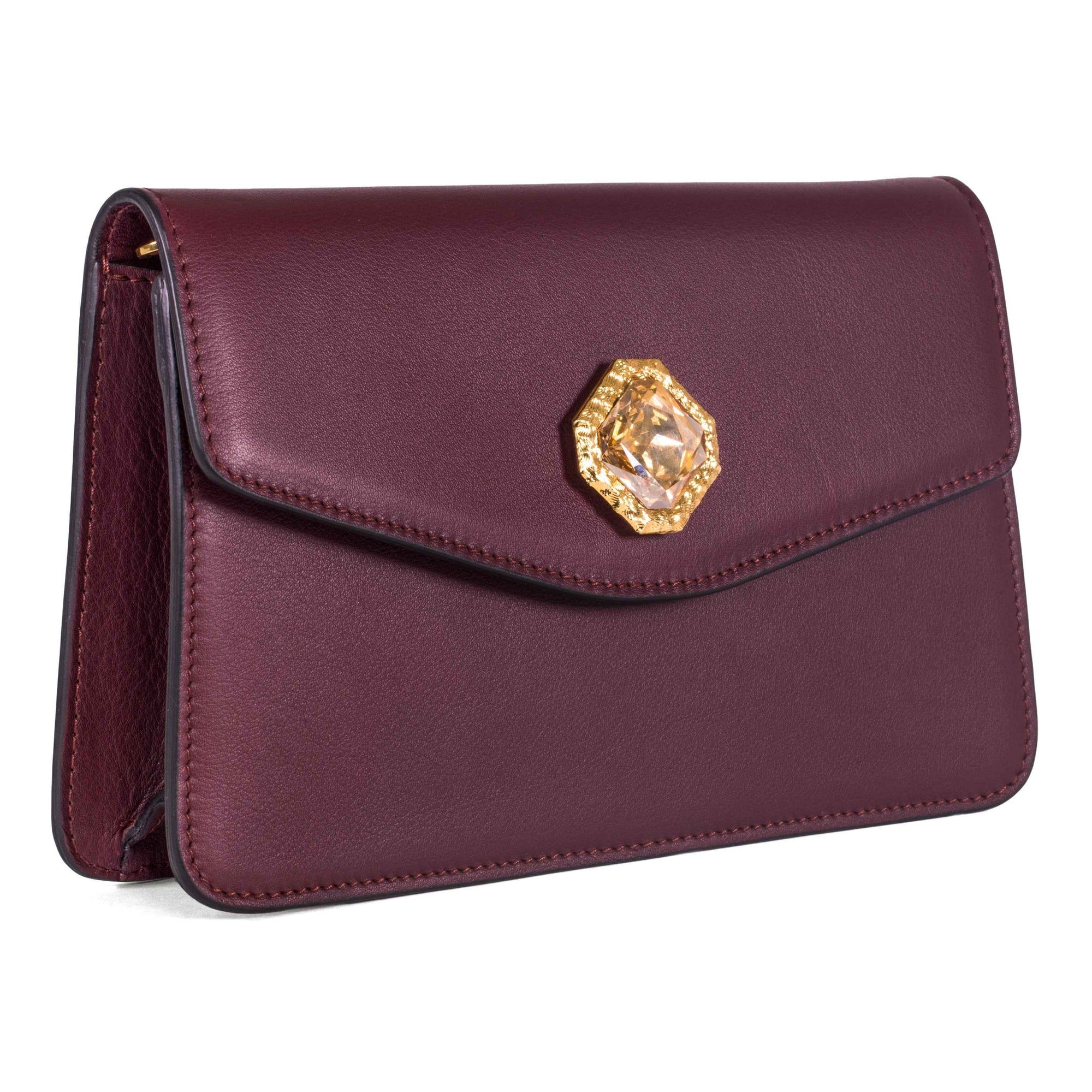 Allysa Payne Bordeaux Leather Clutch With Custom Swarovski Stone