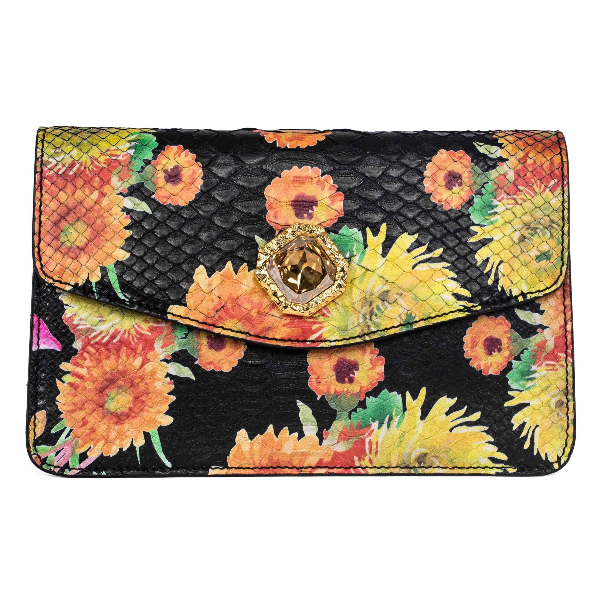 Allysa Payne Custom Floral Black Python Clutch With Custom Swarovski Stone