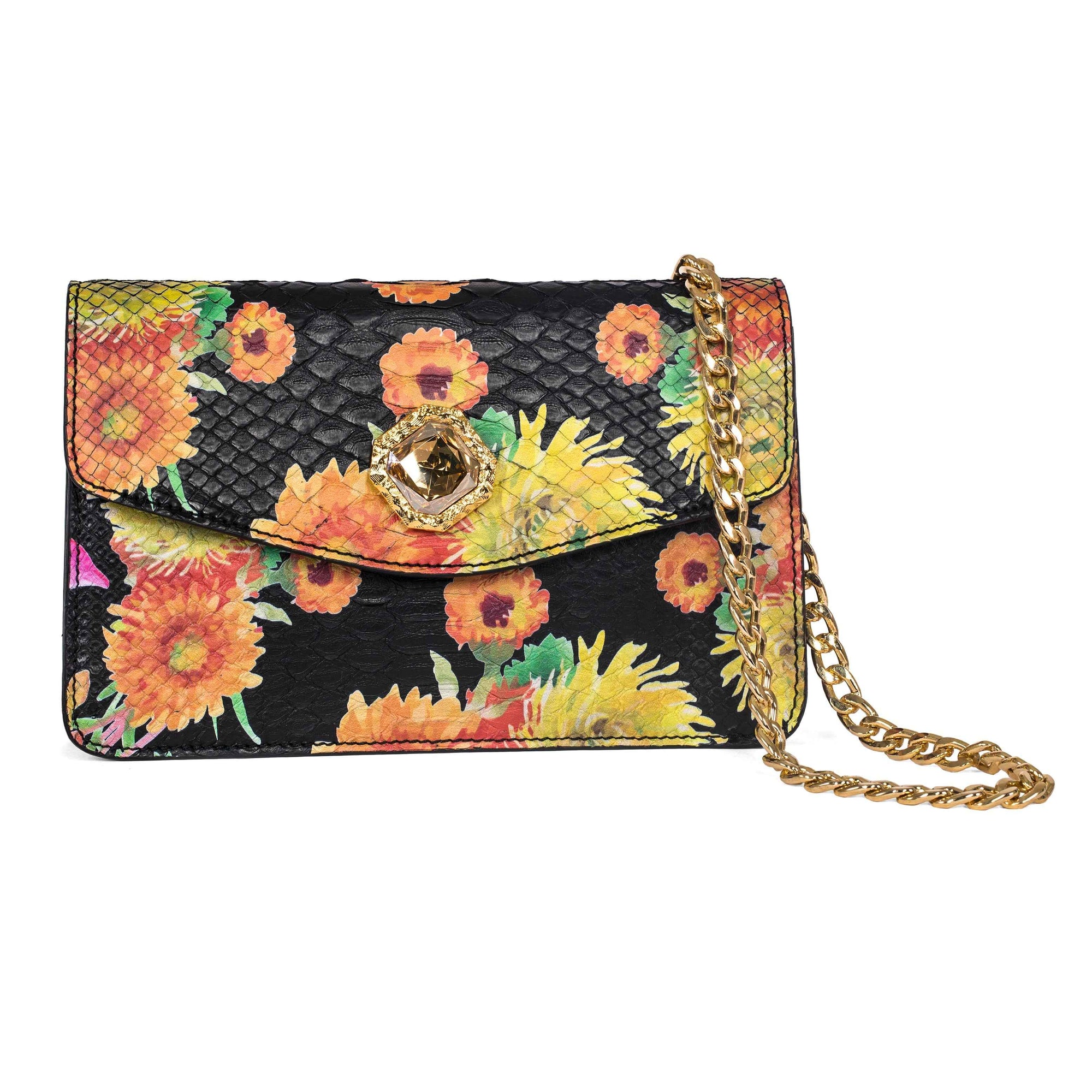 Allysa Payne Custom Floral Black Python Clutch With Custom Swarovski Stone