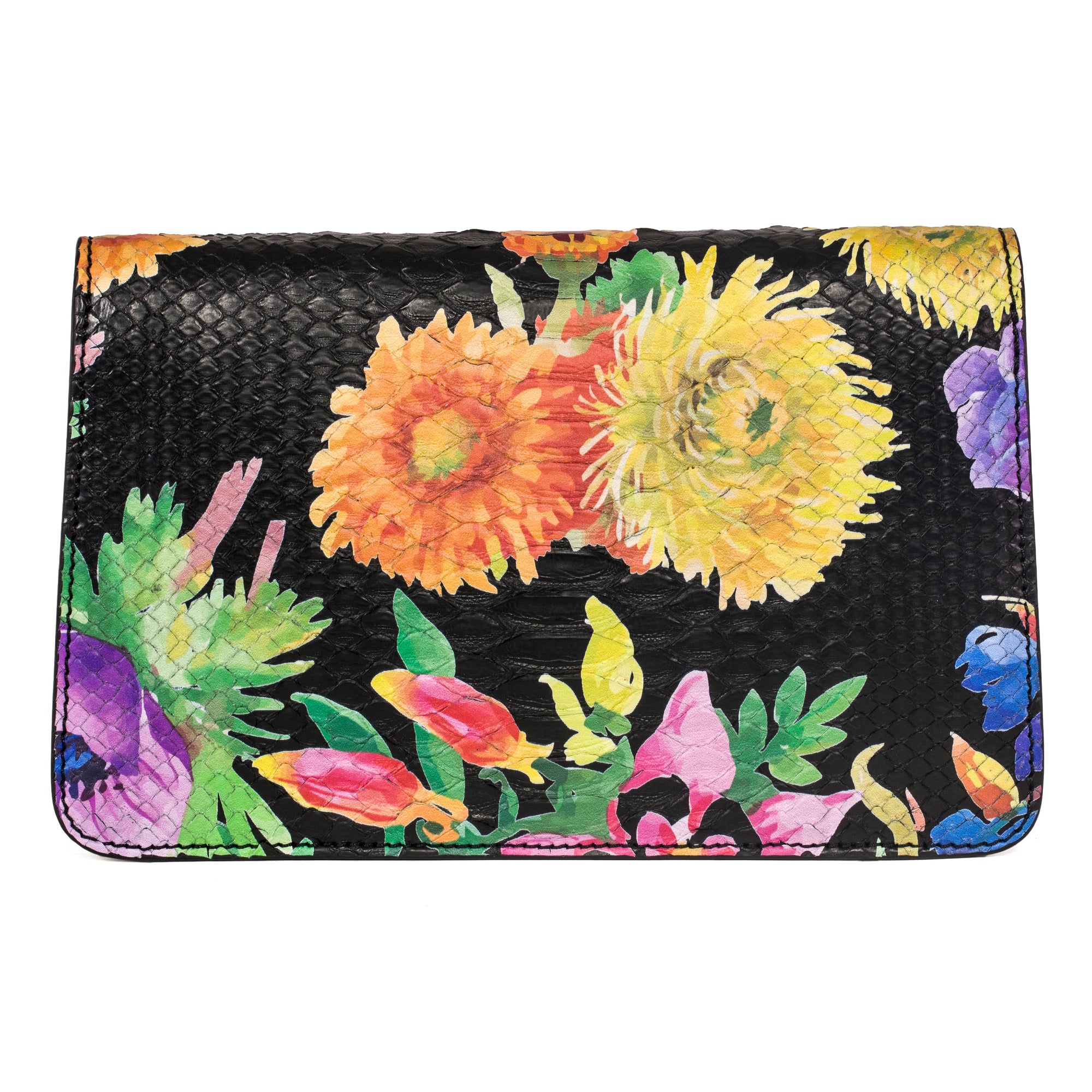 Allysa Payne Custom Floral Black Python Clutch With Custom Swarovski Stone