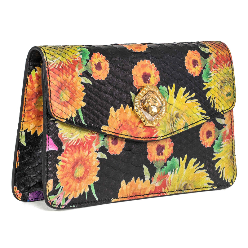 Allysa Payne Custom Floral Black Python Clutch With Custom Swarovski Stone
