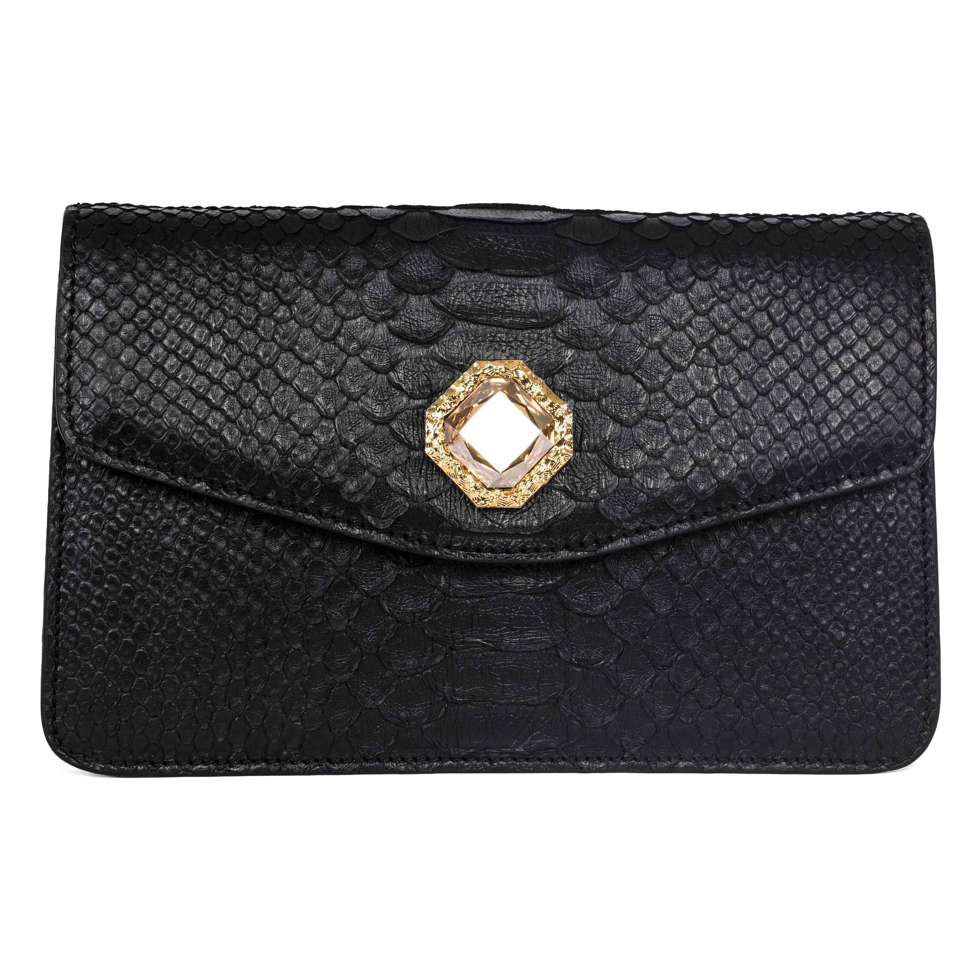 Allysa Payne Black Python Clutch with Custom Swarovski Stone