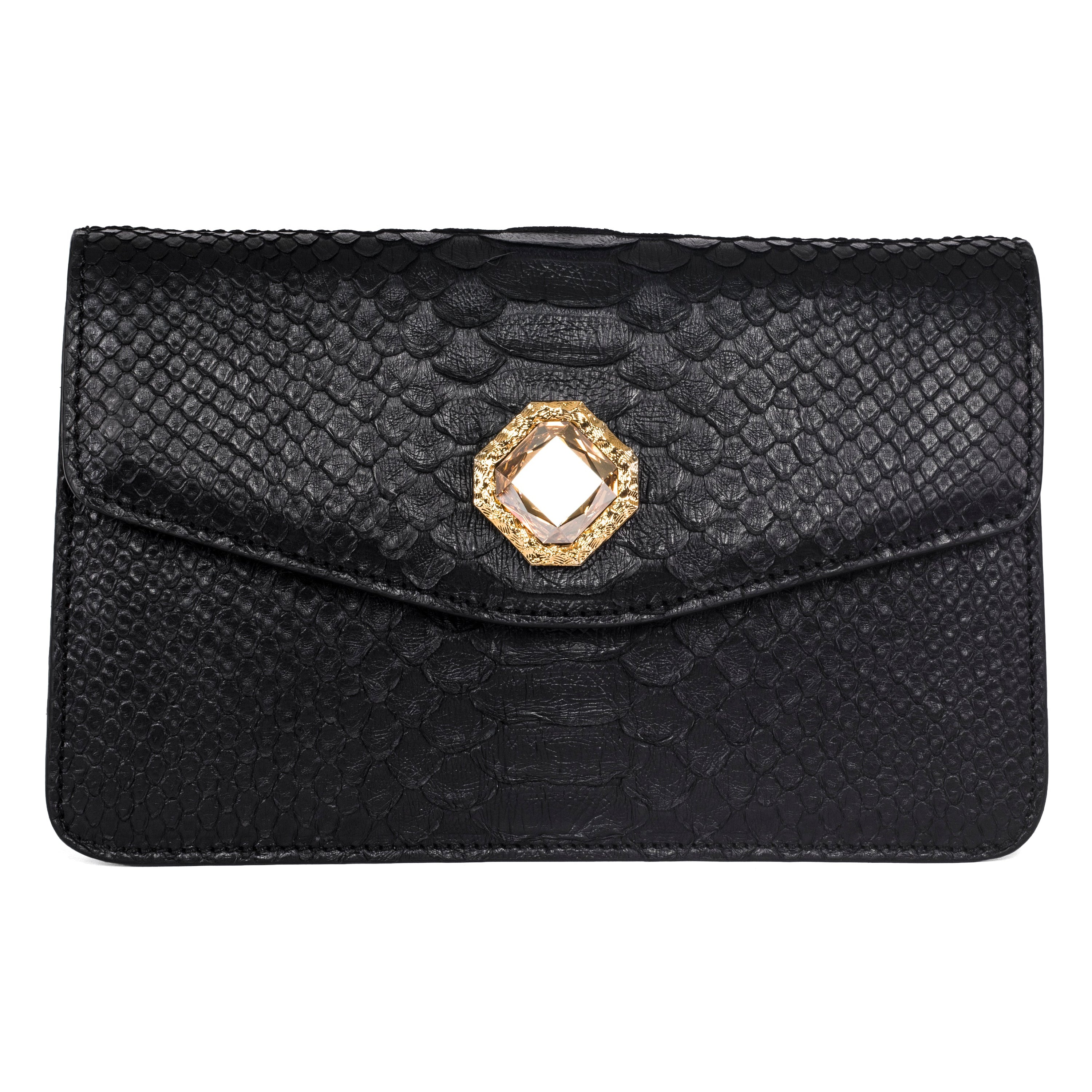 Allysa Payne Black Python Clutch with Custom Swarovski Stone